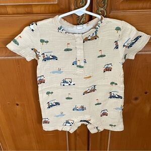 NWT Angel Dear Cotton Muslin Short Sleeve Golf Cart Print Romper 6-12M